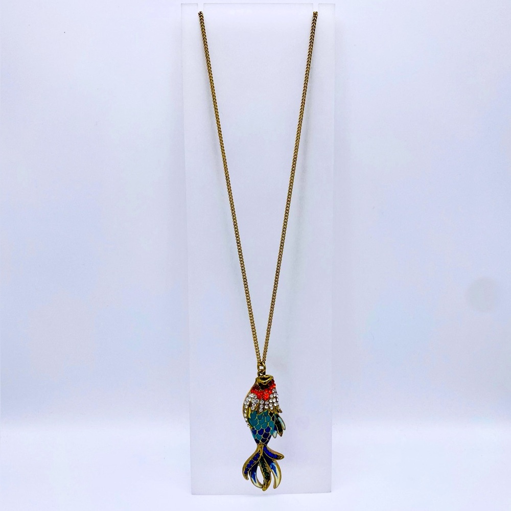 Rhinestone & Enamel Fish Pendant Necklace